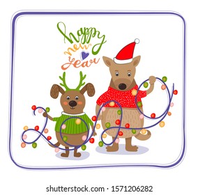 
Lovely hand drawn illustration with two cute dogs, holding coloful garland in form of 2020 year. Lettering Happy New Year. Funny pets in deer horns and santa hat. Red, green colors. Isolated on white