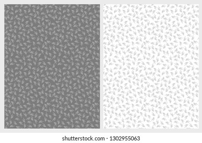 Lovely Hand Drawn Leaves Vector Patterns. Gray and White Color Design. Floral Repeatable Patterns. Dark Gray and Whte Background. Simple Abstract Twigs.