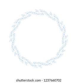 Lovely Hand Drawn Light Blue Twigs, Branches Round Shape Vector Garland. White Background. Retro Style. Delicate Blue Sketched Floral Wreath. Frame Made of Flowers Isolated on White.