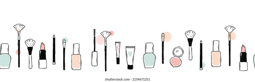 Lovely hand drawn make up seamless pattern, doodle beauty items, great for textiles, banners, wrapping, packaging - vector design