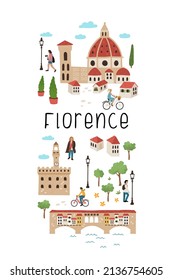 Lovely hand drawn map of Florence, Italy. Illustrated sights and cute decoration. Great for textiles, cards, tourist guides, souvenirs - vector design