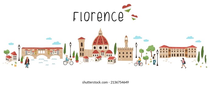 Lovely hand drawn map of Florence, Italy. Illustrated sights and cute decoration. Great for textiles, cards, tourist guides, souvenirs - vector design