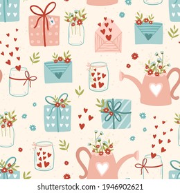 Lovely hand drawn Mother's Day doodle elements, seamless pattern, flowers, hearts and decoration, great for textiles, banners, wrapping, wallpapers - vector design