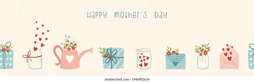 Lovely hand drawn Mother's Day doodle elements, horizontal seamless, flowers, hearts and decoration, great for banners, wallpapers, textiles, invitations, cards - vector design