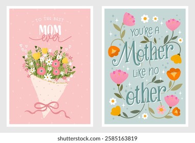 Lovely hand drawn Mother's Day card design, cute flowers and hand lettering - vector