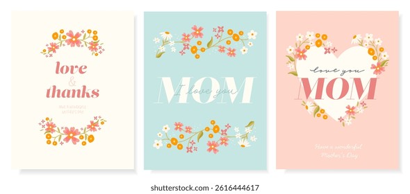 Lovely hand drawn Mother's Day card designs, cute flowers and elegant typography - vector