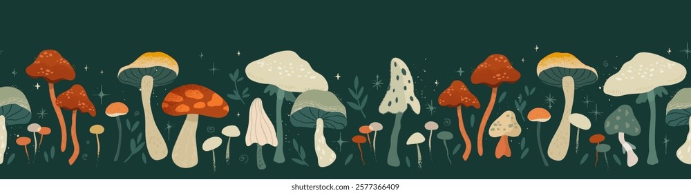 Lovely hand drawn mushrooms, seamless pattern, colorful, magical background, great for textiles, wrapping, wallpapers - vector design