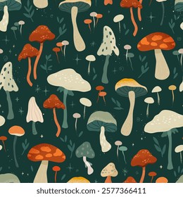 Lovely hand drawn mushrooms, seamless pattern, colorful, magical background, great for textiles, wrapping, wallpapers - vector design