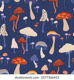 Lovely hand drawn mushrooms, seamless pattern, colorful, magical background, great for textiles, wrapping, wallpapers - vector design