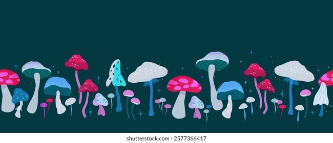 Lovely hand drawn mushrooms, seamless pattern, colorful, magical background, great for textiles, wrapping, wallpapers - vector design