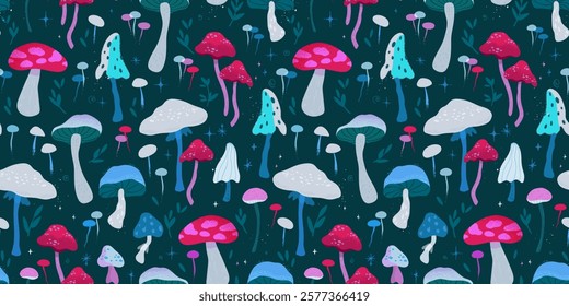 Lovely hand drawn mushrooms, seamless pattern, colorful, magical background, great for textiles, wrapping, wallpapers - vector design