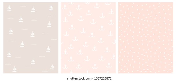 Lovely Hand Drawn Nautical Vector Patterns Set. White Anchors, Dots and Boats Isolated on a Light Pink and Beige Background. Marine Party Theme Repeatable Design. Abstract Nautical Theme Decoration.