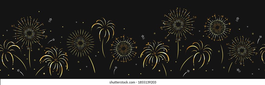 Lovely hand drawn New Years design, horizontal seamless fireworks in gold, great for banners, wallpapers