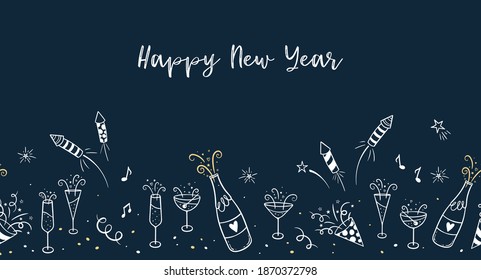 Lovely hand drawn New Years Design, doodle firework, cocktails, streamers and decoration, great for party invitations, banners, wallpapers - vector design