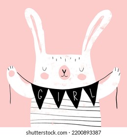 Lovely Hand Drawn Nursery Vector Art with Sweet White Bunny on a Pink Background. Cute Baby Shower Print ideal for Card, Wall Art. Baby Girl Welcome Party Decoration. Rabbit Holding Black Garland.