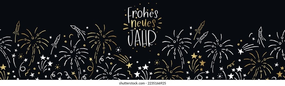 Lovely hand drawn party seamless pattern with German saying "happy new year", great for New Year's Eve, banner, cards, banner, wallpaper, invitations - vector design 