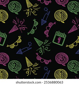 Lovely hand drawn party seamless pattern, great for New Year's Eve, textiles, banner, wallpaper, wrapping - vector design