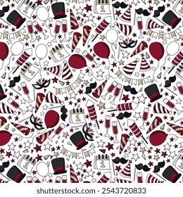 Lovely hand drawn party seamless pattern, great for New Year's Eve, banner, textiles, banner, wallpaper, wrapping - vector design