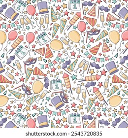 Lovely hand drawn party seamless pattern, great for New Year's Eve, banner, textiles, banner, wallpaper, wrapping - vector design