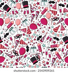 Lovely hand drawn party seamless pattern, great for New Year's Eve, banner, textiles, banner, wallpaper, wrapping - vector design