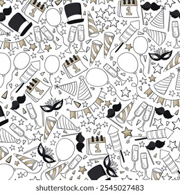 Lovely hand drawn party seamless pattern, great for New Year's Eve, banner, textiles, banner, wallpaper, wrapping - vector design