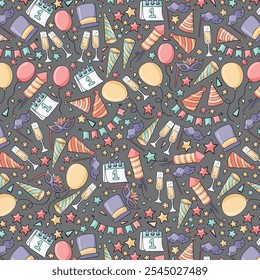 Lovely hand drawn party seamless pattern, great for New Year's Eve, banner, textiles, banner, wallpaper, wrapping - vector design