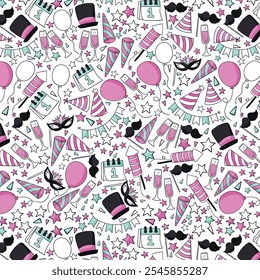 Lovely hand drawn party seamless pattern, great for New Year's Eve, banner, textiles, banner, wallpaper, wrapping - vector design