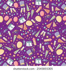 Lovely hand drawn party seamless pattern, great for New Year's Eve, banner, textiles, banner, wallpaper, wrapping - vector design