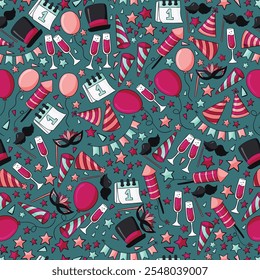 Lovely hand drawn party seamless pattern, great for New Year's Eve, banner, textiles, banner, wallpaper, wrapping - vector design