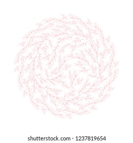 Lovely Hand Drawn Pink Tree Twigs.Pink Tree Branches Round Shape Vector Garland.Pink Floral Wreath on a White Background.Retro Style Delicate Pink Sketched Floral Wreath.Pastel Color Floral Decoration