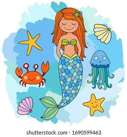 Lovely hand drawn pretty mermaid illustration. Isolated on white. Tanned skin, latina colored. Redhead. Orange hair. In water with animals such as crab, jelly fish, sea star.