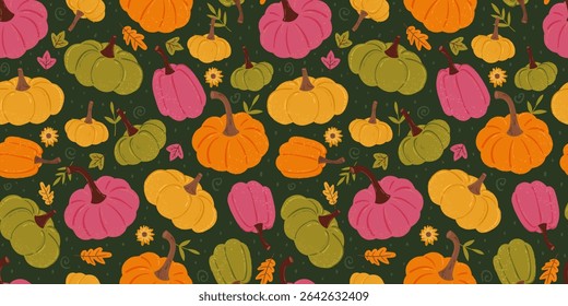 Lovely hand drawn pumpkin seamless pattern with pumpkins and autumn decoration, great for textiles, table cloth, wrapping, banners, wallpapers - vector design
