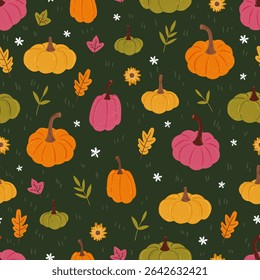 Lovely hand drawn pumpkin seamless pattern with pumpkins and autumn decoration, great for textiles, table cloth, wrapping, banners, wallpapers - vector design
