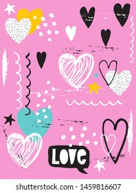 Lovely Hand Drawn Romantic Vector Illustration with White and Black Hearts Isolated on a Pink Background. Abstract  Infantile Style Valentine's Day Design for Card, Cover, Print, Decoration.