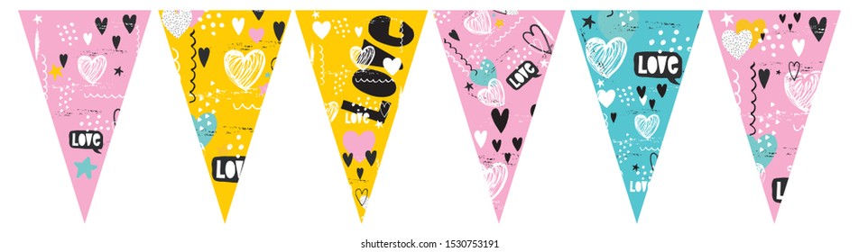 Lovely Hand Drawn Romantic Vector Flags with White and Black Hearts Isolated on a Pink, Blue and Yellow Background. Abstract Infantile Style Valentine's Day Design for Party Decoration.