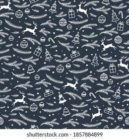 Lovely hand drawn seamless christmas pattern with reindeer, branches, baubles and decoration, great for banners, wallpapers, wrapping, textiles - vector design