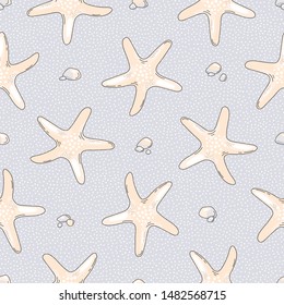 Lovely hand drawn seamless pattern with sea creatures in cartoon style. Perfect design for packaging, gift wrap, wallpapers, fabric,  scrapbooking paper and any type of printed products.
