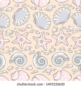Lovely hand drawn seamless pattern with sea creatures in cartoon style. Perfect design for packaging, gift wrap, wallpapers, fabric,  scrapbooking paper and any type of printed products.
