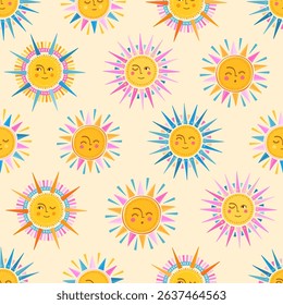 Lovely hand drawn seamless pattern with cute suns, smiley faces, summer design, great for banners, textiles, wallpapers, wrapping, surface design - vector