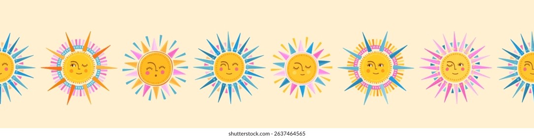 Lovely hand drawn seamless pattern with cute suns, smiley faces, summer design, great for banners, textiles, wallpapers, wrapping, surface design - vector