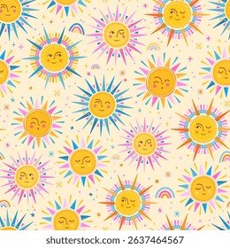Lovely hand drawn seamless pattern with cute suns, smiley faces, summer design, great for banners, textiles, wallpapers, wrapping, surface design - vector