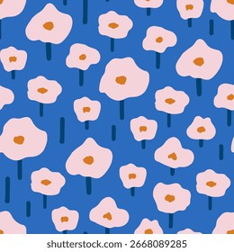 Lovely hand drawn seamless pattern with whimsical flowers. Cute vector endless background for textile, wallpaper. Charming botanical pattern. Trendy contemporary illustration