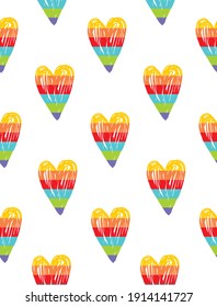 Lovely Hand Drawn  Seamless Vector Pattern with Rainbow Hearts Isolated on a White Background. Infantile Style Repeatable Print with Funny Colorful Doodle Hearts. 