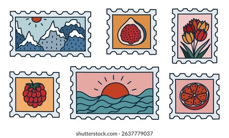 Lovely hand drawn set of postage stamp with serene scenery, summery fruits, tulip. Vintage postal label with sundown over the ocean, mountains. Retro colourful doodle with outline mail stickers.