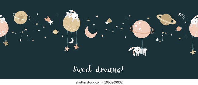 Lovely hand drawn space seamless pattern with bunnies, planets and stars, cute background, great for textiles, bed linen, wallpapers, banners, wrapping - vector design