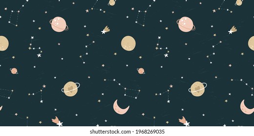 Lovely hand drawn space seamless pattern with planets and stars, cute background, great for textiles, bed linen, wallpapers, banners, wrapping - vector design
