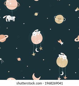 Lovely hand drawn space seamless pattern with bunnies, planets and stars, cute background, great for textiles, bed linen, wallpapers, banners, wrapping - vector design