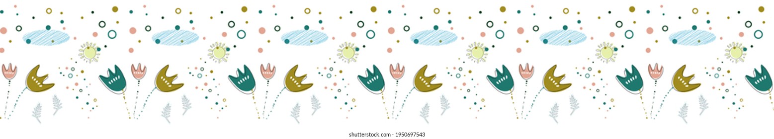 Lovely hand drawn summer horizontal seamless pattern, doodle flowers, colorful dots clouds and sun, great for banners, wallpapers, wrapping, textiles - vector design. isolated on white background.  
