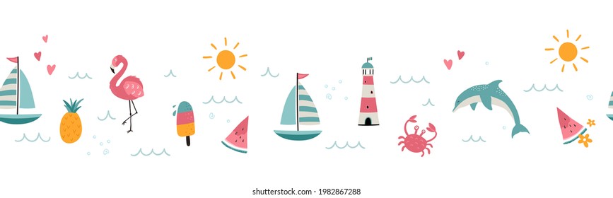 Lovely hand drawn summer seamless pattern, cute doodles, beach background, great for textiles, swimwear, wrapping, banners, wallpapers - vector design