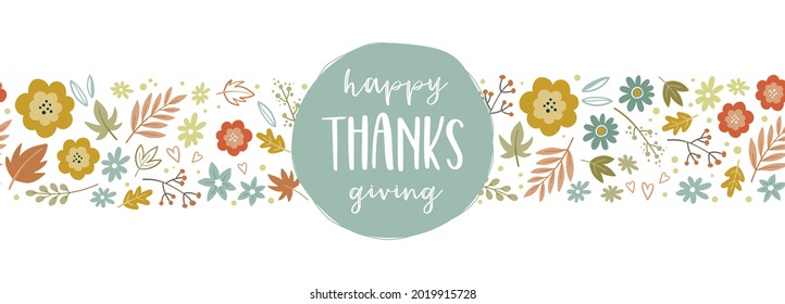 Lovely hand drawn Thanksgiving design with flowers and autumn leaves, cute doodle background, great for invitations, covers, banners, cards -vector design
